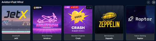 Two game sections side by side: Aviator and Fast Wins featuring JetX, Crash, Zeppelin, Raptor — and Popular section showing Candy Cascade 500, Super Ace, Super Bingo 5000 Gold, Sweet Bonanza 1000