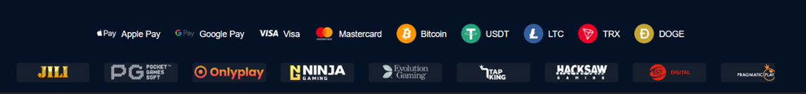 Footer payment strip showing Apple Pay, Google Pay, Visa, Mastercard, Bitcoin, USDT, LTC, TRX, DOGE and provider logos: JILI, Pocket Games Soft, Onlyplay, Ninja Gaming, Evolution Gaming, Tap King, Hacksaw Gaming, 1slot Digital, Pragmatic Play