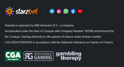 Starzbet footer section with logo, Telegram, Instagram, WhatsApp, Facebook and YouTube social icons, full legal text about Mill Interactive B.V. Curaçao license OGL/2024/1282/0539, CGA, Responsible Gaming and Gambling Therapy logos