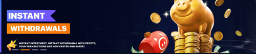 Invite a Friend and Get $50 promotional banner — instant investment and withdrawal with crypto, featuring animated 3D game characters holding phones