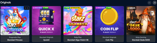 Originals section showing exclusive and new games: Starzbet Princess (Pragmatic Play), QuickX (Starzbet Originals), Starzbet Giga Match 96 (Ruby Play, Feature Buy), Coin Flip (Starzbet Originals), Starzbet Dede 5000 (Ninja Gaming)