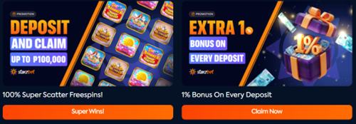 Two Starzbet promotion banners: Deposit and Claim up to P100,000 with 100% Super Scatter Freespins, and Extra 1% Bonus on Every Deposit — both with CTA buttons