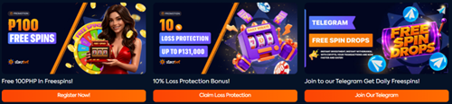 Three Starzbet promotion banners: P100 Free Spins on registration, 10% Loss Protection Bonus up to P131,000, and Telegram Free Spin Drops with daily freespins via crypto withdrawals