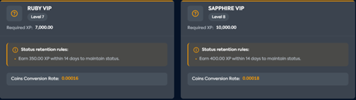 Two Starzbet VIP entry-level cards: Bronze VIP Level 1 (Required XP 100, earn 5 XP within 3 days, Coins Conversion Rate 0.0001) and Silver VIP Level 2 (Required XP 300, earn 25 XP within 3 days, rate 0.00011)