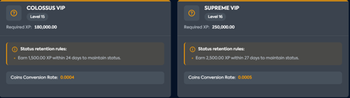 Starzbet VIP cards for Colossus VIP Level 15 (Required XP 130,000) and Supreme VIP Level 16 (Required XP 200,000) with status retention rules and coins conversion rates