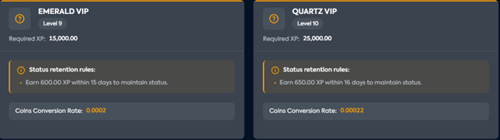 Two Starzbet VIP level cards: Diamond VIP Level 5 (3,000 XP) and Elite VIP Level 6 (7,000 XP) with status retention rules and coins conversion rates