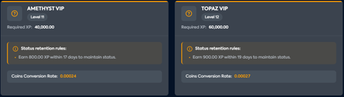 Four Starzbet VIP level cards: Emerald VIP Level 7 (15,000 XP), Quartz VIP Level 8 (25,000 XP), Ruby VIP Level 9 (7,000 XP), Sapphire VIP Level 10 (40,000 XP) with retention rules and conversion rates