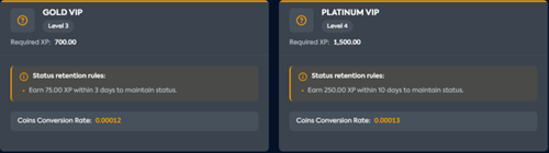 Starzbet VIP program cards for Gold VIP Level 3 (Required XP 700, earn 75 XP within 3 days, Coins Conversion Rate 0.00012) and Platinum VIP Level 4 (Required XP 1,500, earn 250 XP within 10 days, rate 0.00013)