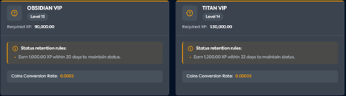 Four Starzbet VIP level cards: Obsidian VIP Level 11 (90,000 XP), Titan VIP Level 12 (130,000 XP), Amethyst VIP Level 13 (40,000 XP), Topaz VIP Level 14 (60,000 XP) with retention rules and conversion rates